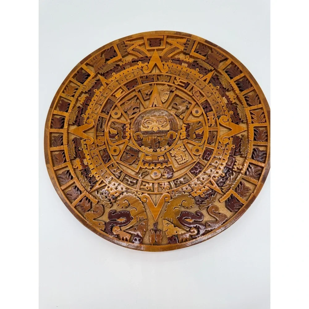Handcrafted Aztec Sun Stone Wood Inlay Calendar Wall Art Mexico 11.5
